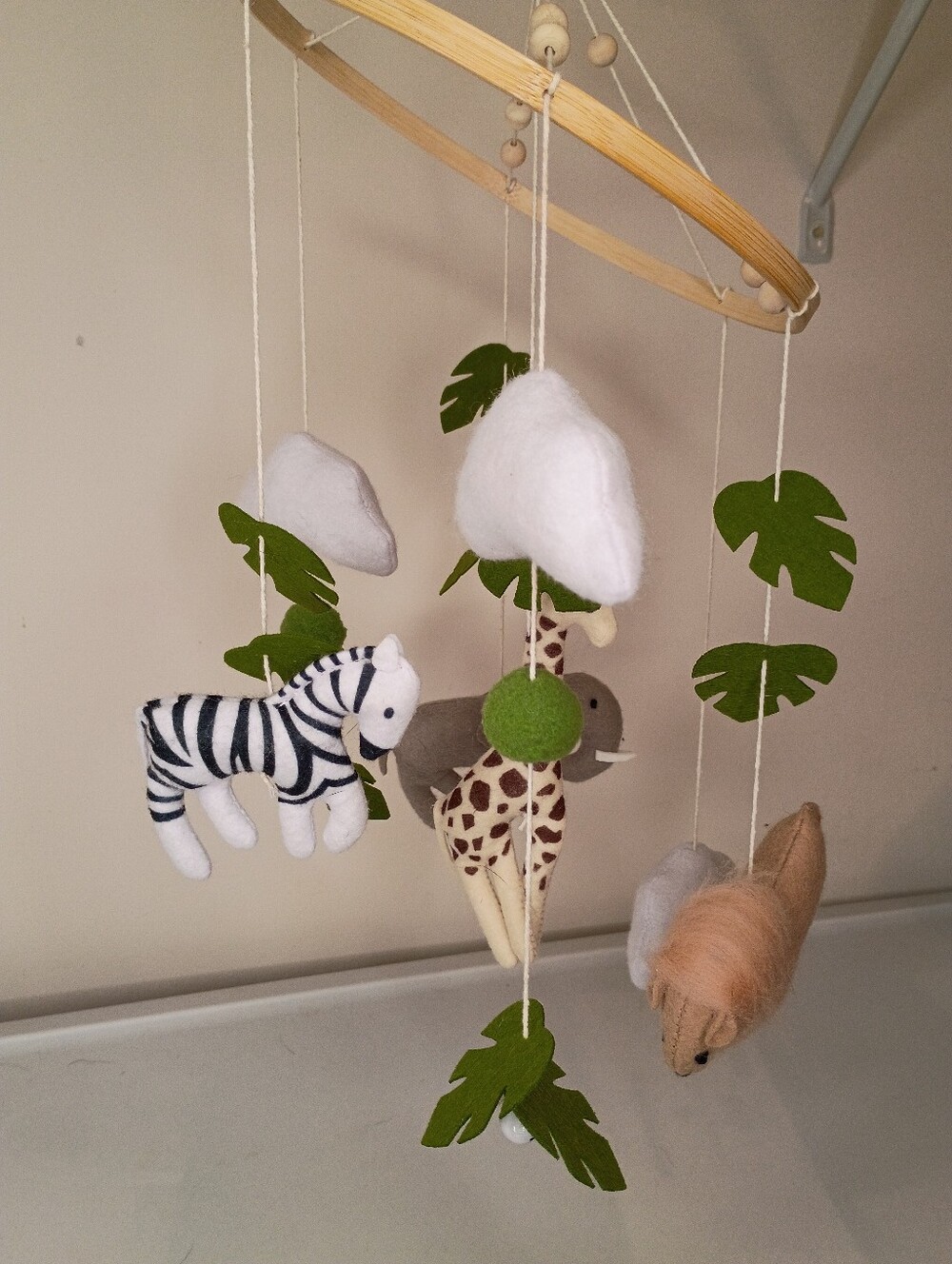 Handmade Felt Nursery Crib Mobile Safari Animals Giraffe Zebra Elephant Lion